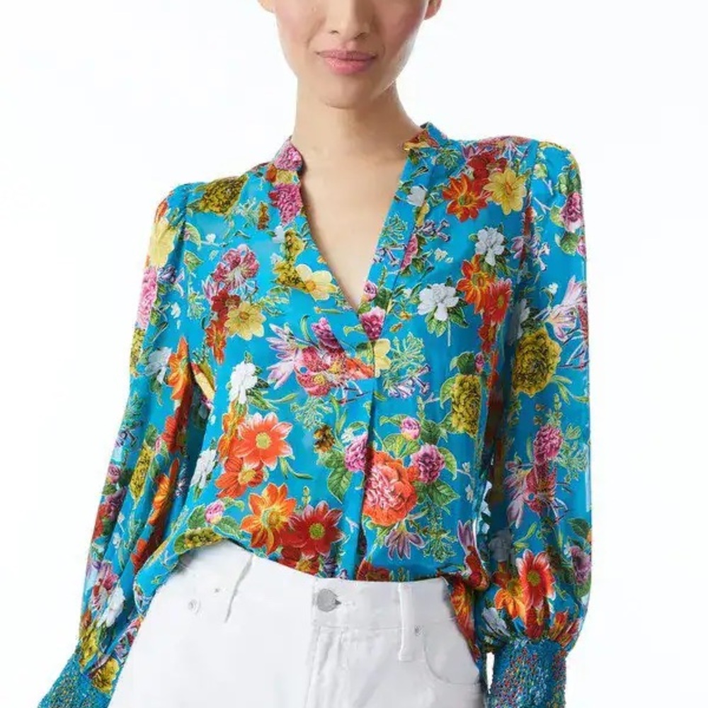Alice + Olivia Sheila Balloon Sleeve Henley Top